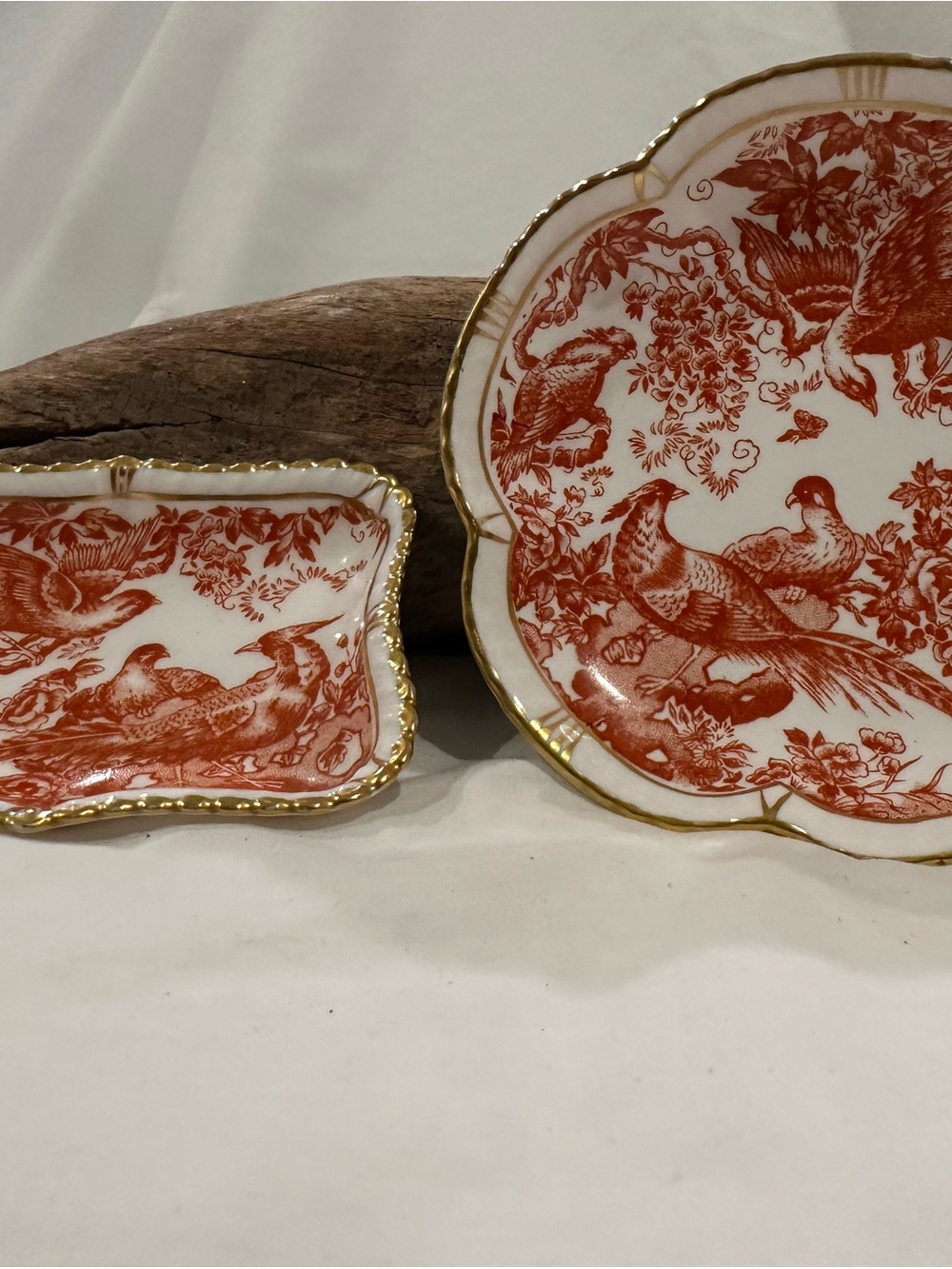 Two Red Aves Small Tray: A rectangular, and round scalloped trinket tray,